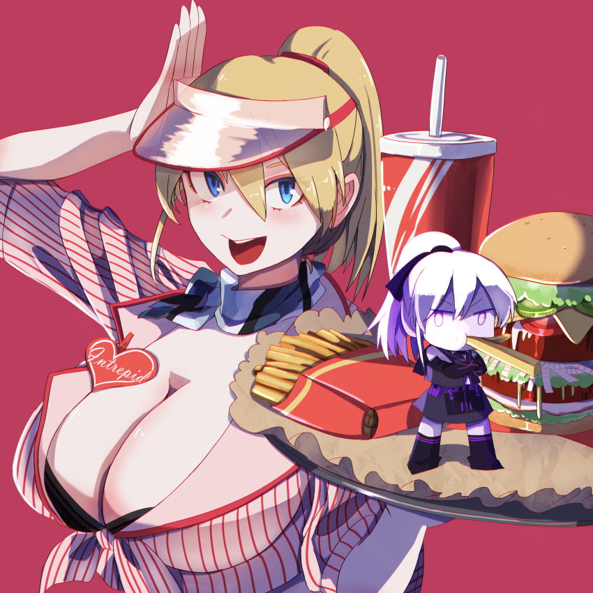 2girls, absurdres, abyssal_ship, aircraft_carrier_princess_ii, alternate_costume, black_bra, blonde_hair, blue_eyes, blush, bra, breasts, burger, carhop, character_name, cleavage, commentary_request, crossed_arms, cup, disposable_cup, earrings, food, food_in_mouth, french_fries, highres, holding, holding_tray, intrepid_(kancolle), intrepid_kai_(kancolle), jewelry, kantai_collection, large_breasts, looking_at_viewer, lsnsn, mini_person, minigirl, multiple_girls, name_tag, open_mouth, ponytail, red_background, ribbon, shirt, simple_background, striped_clothes, striped_shirt, tray, underwear, visor_cap, waitress, white_hair