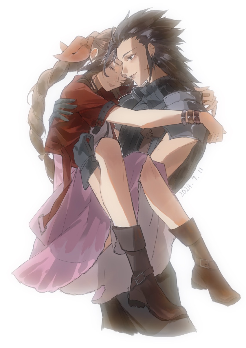 1boy, 1girl, :d, absurdres, aerith_gainsborough, armor, arms_around_neck, black_gloves