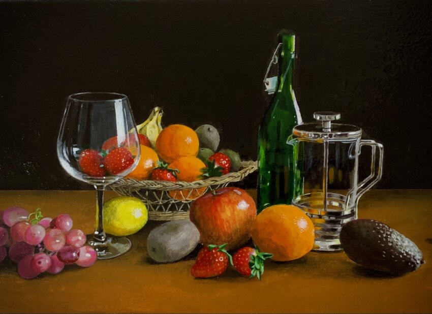 avocado, banana, basket, bottle, cup, drinking_glass, food, food_focus, fruit, grapes, highres, lemon, no_humans, orange_(fruit), original, painting_(medium), pitcher_(container), still_life, strawberry, traditional_media, watercolor_(medium), wine_bottle, wine_glass, yukiko_anma