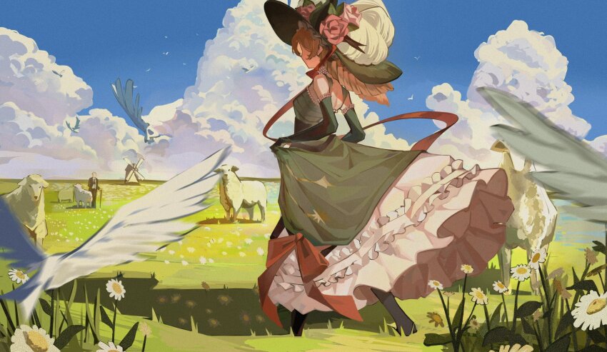 1boy, 1girl, baby_animal, bare_shoulders, bird, black_pantyhose, blonde_hair, blue_sky, blurry, blurry_foreground, bow, chinstrap, cloud, day, dress, drill_hair, elbow_gloves, facing_away, flower, frilled_dress, frills, from_side, full_body, gloves, grass, green_dress, green_gloves, green_hat, hat, hat_feather, hat_flower, highres, holding_own_dress, lamb, long_dress, long_hair, low_twintails, making-of_available, meadow, mr._karson, orange_bow, outdoors, pantyhose, red_flower, reverse:1999, sheep, sky, sleeveless, sleeveless_dress, solo_focus, sotheby, sun_hat, twin_drills, twintails, walking, weishanli4, white_bird, white_flower, windmill