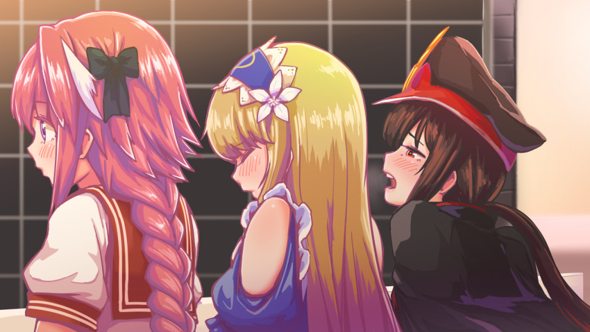 3boys, androgynous, astolfo_(fate), bathroom, black_bow, black_cape, black_hat, blonde_hair