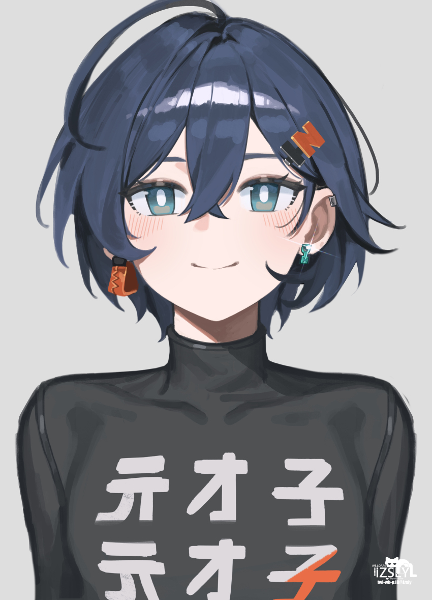 1girl, absurdres, belle_(zenless_zone_zero), blue_eyes, blue_hair, blush, closed_mouth, crossed_bangs