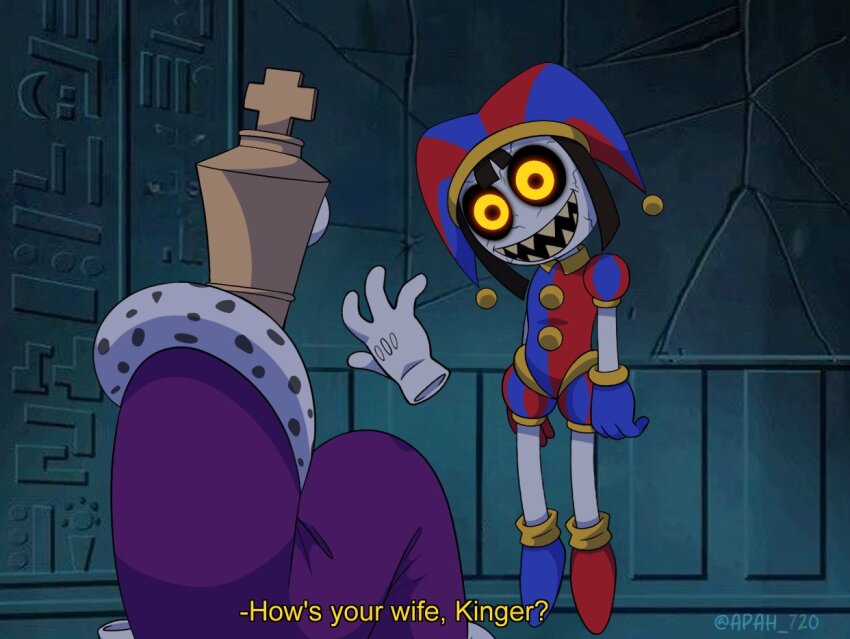 1boy, 1girl, apah_720, asymmetrical_gloves, black_hair, black_sclera, blue_footwear, blue_gloves, chess_piece, colored_sclera, cracked_skin, disembodied_hand, floating, gloves, glowing, glowing_eyes, hat, jester, jester_cap, jester_costume, king_(chess), kinger_(the_amazing_digital_circus), levitation, multicolored_clothes, open_mouth, pomni_(the_amazing_digital_circus), possessed, purple_robe, red_footwear, red_gloves, robe, scene_reference, sharp_teeth, sonic_(series), sonic_x, teeth, the_amazing_digital_circus, twitter_username, white_gloves, yellow_eyes