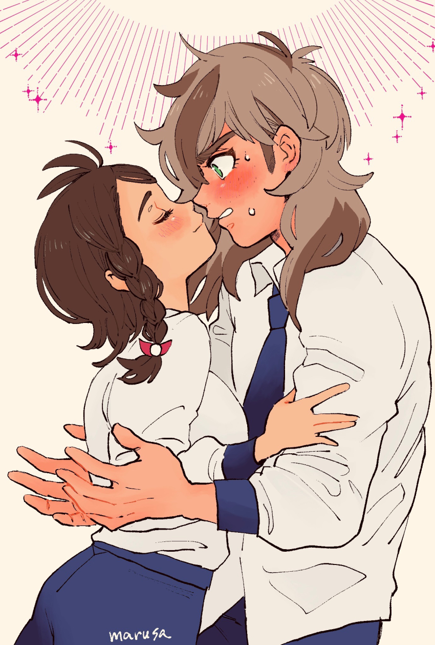 1boy, 1girl, arven_(pokemon), braid, brown_hair, highres, juliana_(pokemon), long_hair