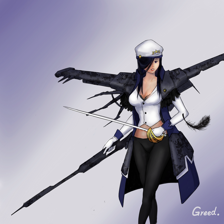 1girl, artist_request, attack_ship_(eve_online), battleship_(eve_online), black_bra, black_eyes, black_feathers, black_hair, black_pants, blue_coat, bra, breasts, caldari_navy_(eve_online), caldari_state_(eve_online), camouflage, cleavage, coat, collared_coat, commentary, digital_camouflage, eve_online, feathers, feet_out_of_frame, frilled_bra, frills, gloves, hair_over_one_eye, hat, holding, holding_sword, holding_weapon, large_breasts, lips, long_hair, long_sleeves, mecha_musume, midriff, military_uniform, navel, navy_faction_(eve_online), pants, parted_lips, personification, purple_background, purple_theme, rapier, raven_(eve_online), science_fiction, sidelocks, solo, stomach, sword, teeth, third-party_source, underwear, walking, weapon, white_gloves, white_hat, white_sleeves