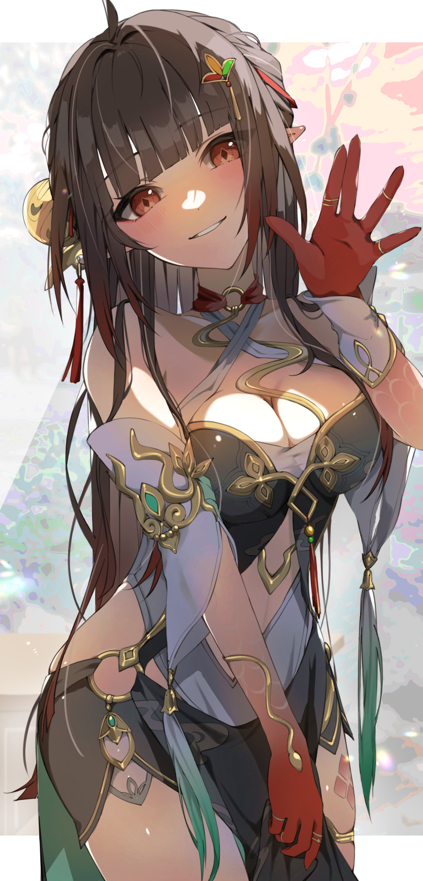 1girl, absurdres, ahoge, bare_shoulders, blunt_bangs, breasts, brown_hair, chinese_clothes