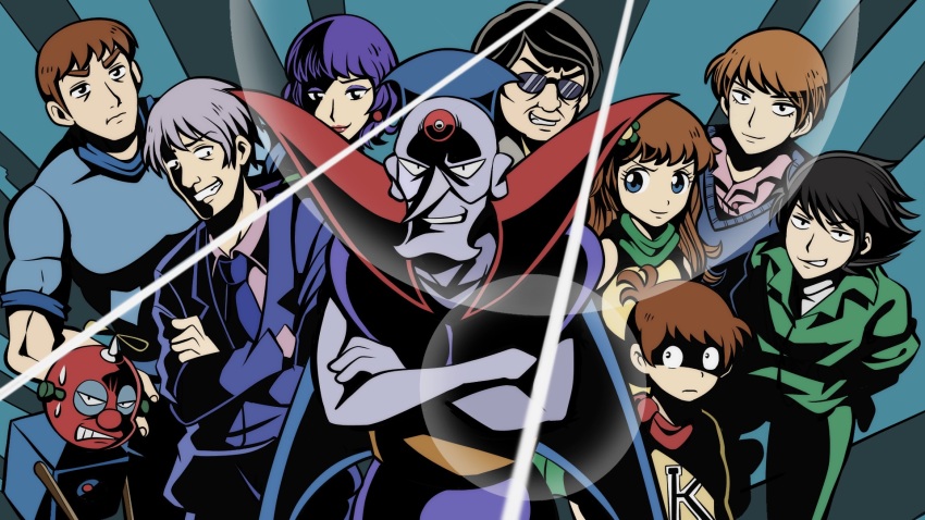 2girls, 6+boys, black_hair, blue_cardigan, blue_eyes, blue_necktie, brown_hair, cardigan