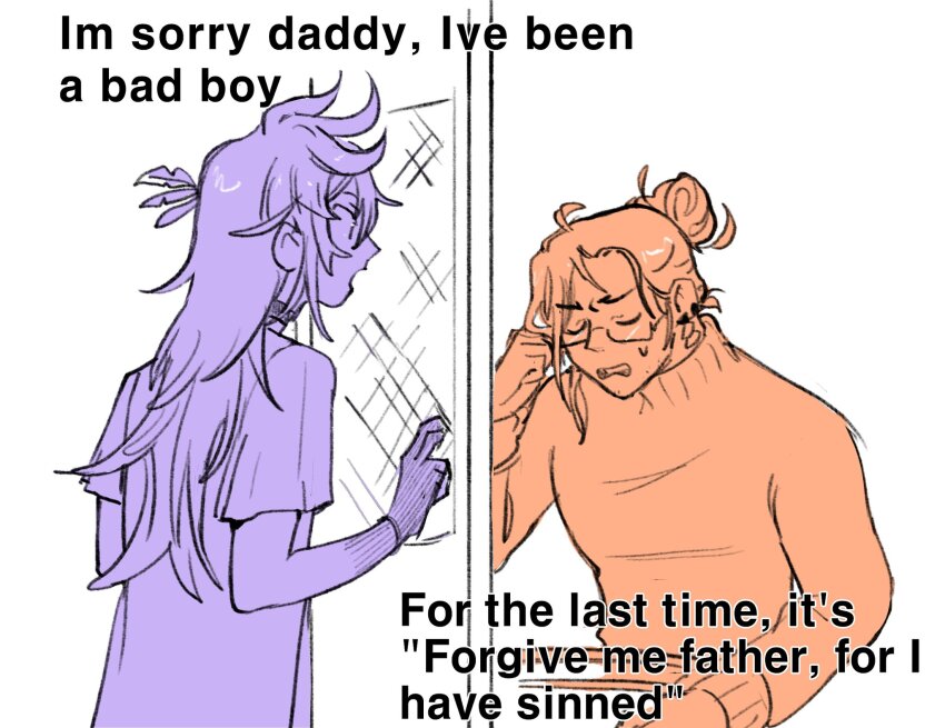 2boys, banzoin_hakka, closed_eyes, earrings, english_text, glasses, hair_between_eyes, hair_bun