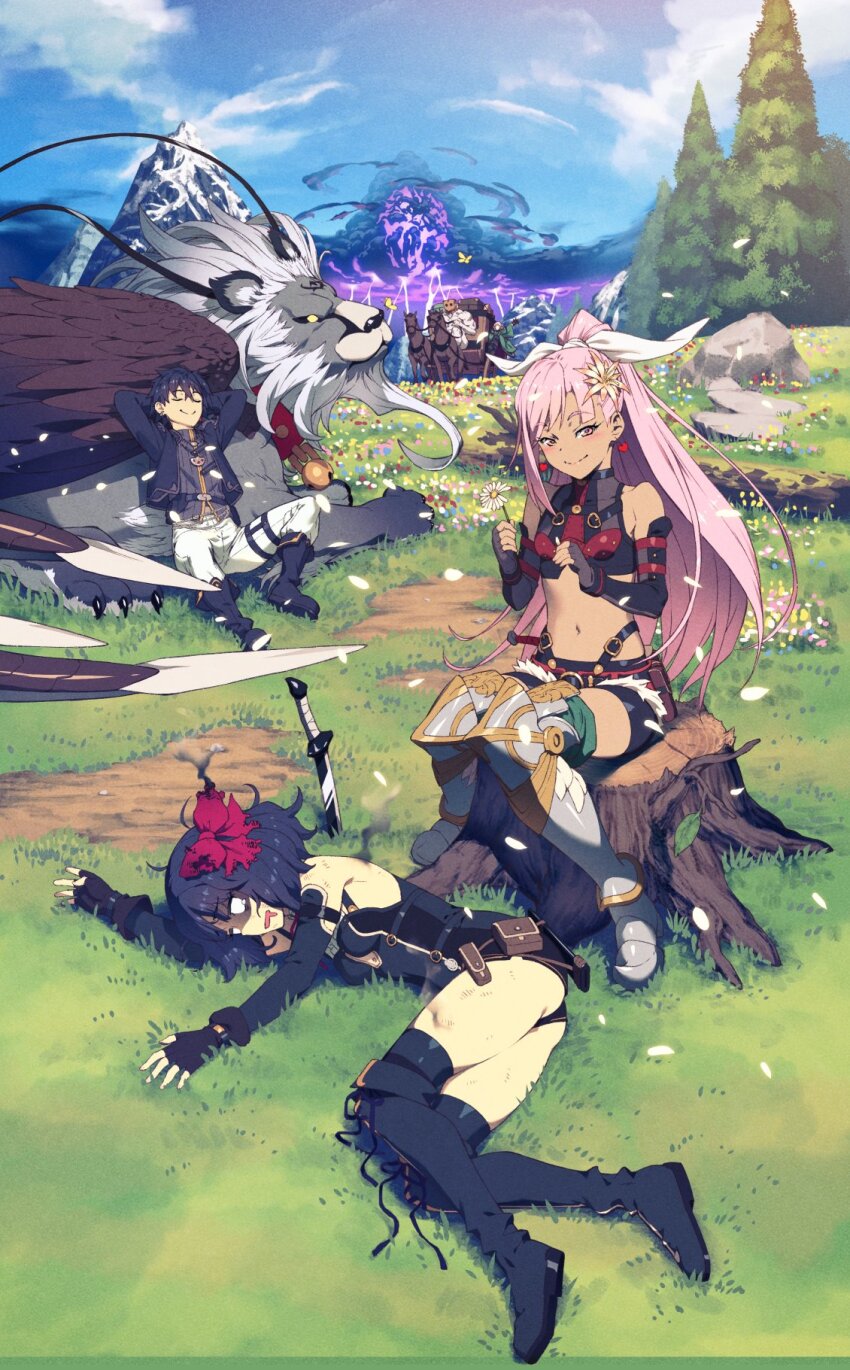 1boy, 2girls, armored_boots, black_footwear, black_gloves, black_hair, black_leotard, black_shorts