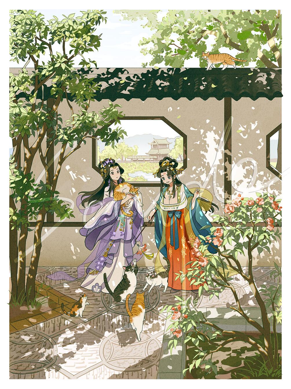 2girls, animal, architecture, bad_link, bad_xiaohongshu_link, black_hair, calico_(pattern), calico_cat