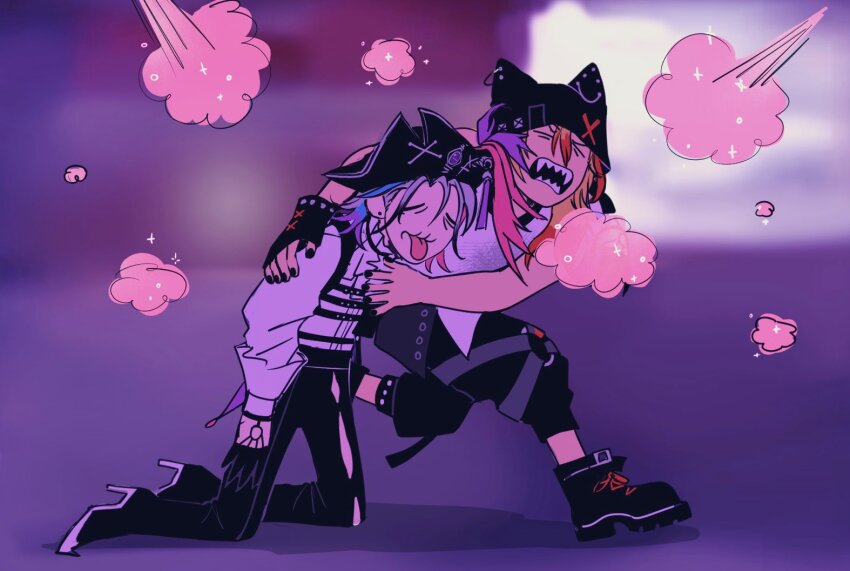 2boys, 2w46713, animal_hat, arm_around_shoulder, axel_syrios, axel_syrios_(2nd_costume), bicorne, black_nails