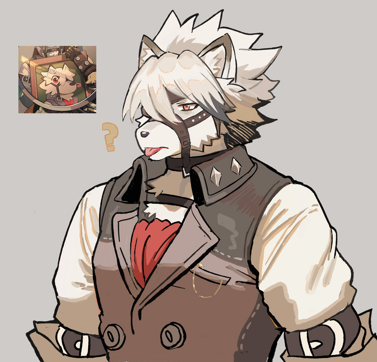 1boy, ?, animal_ears, ascot, colored_tips, commentary, english_commentary, eyepatch