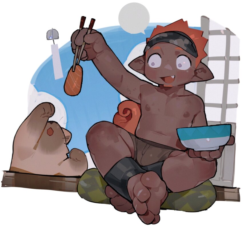 1boy, arknights, barefoot, bowl, brown_shorts, bulge, cat, chameleon_boy, chameleon_tail, chopsticks, cloud, commentary, dark_skin, english_commentary, ethan_(arknights), fang, highres, holding, holding_bowl, holding_chopsticks, indian_style, looking_at_animal, lqqq, male_focus, nipples, open_mouth, orange_hair, orange_tail, pointy_ears, salmon, shorts, shouji, sitting, sky, sliding_doors, tail, toes, topless_male, whiskers, wind_chime