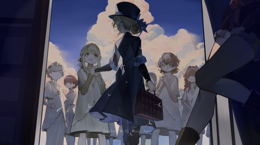 1boy, 6+girls, :d, :o, against_wall, aged_down, ankle_boots, backlighting