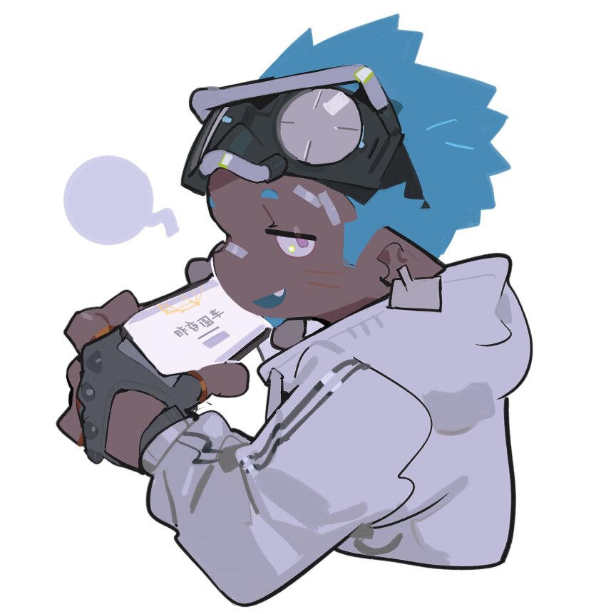 1boy, arknights, bandaid, bandaid_on_face, bandaid_on_nose, blue_hair, chameleon_boy, commentary