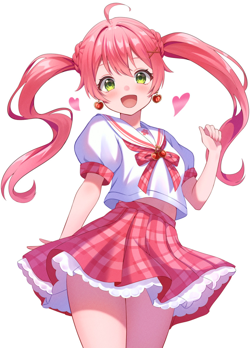 1girl, ahoge, blush, cherry_ornament, earrings, green_eyes, hair_ornament, hairclip