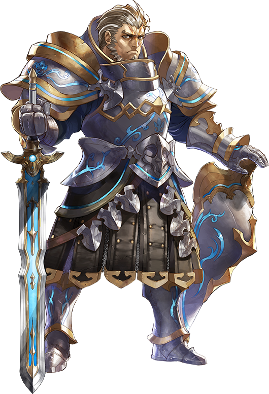 1boy, arm_guards, armor, beard, closed_mouth, dilga_(ta_ga_tame_no_alchemist), facial_hair, full_armor, full_body, gauntlets, greaves, grey_eyes, grey_hair, hand_on_shield, holding, holding_sword, holding_weapon, looking_at_viewer, male_focus, official_art, old, old_man, omori_yoshiwo, sabaton, second-party_source, shoulder_armor, simple_background, solo, standing, sword, ta_ga_tame_no_alchemist, transparent_background, weapon