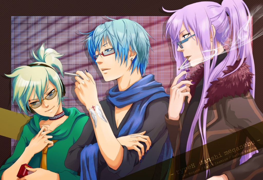 3boys, blue_hair, collar, glasses, isamine_kaito, kagura_gakupo, magane_len, male_focus