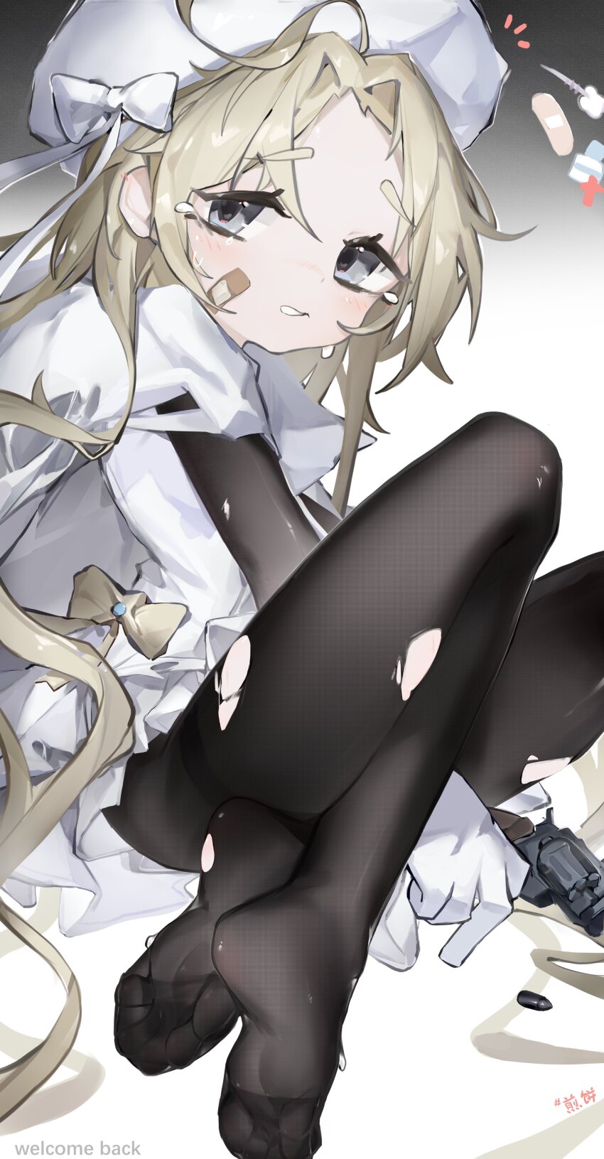 1girl, absurdres, bandaid, bandaid_on_cheek, bandaid_on_face, blonde_hair, bodystocking, bow