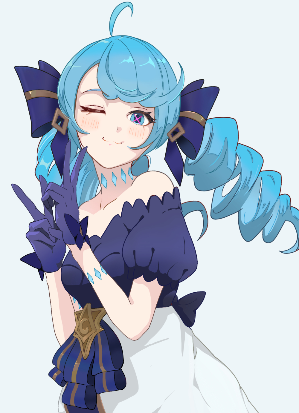 1girl, :3, ahoge, bare_shoulders, black_dress, blush, breasts, collarbone, cowboy_shot, dress, drill_hair, green_hair, gwen_(league_of_legends), hands_up, highres, large_breasts, league_of_legends, n2tat, puffy_short_sleeves, puffy_sleeves, short_sleeves, simple_background, smile, solo, twin_drills, twintails, v, white_background, white_dress