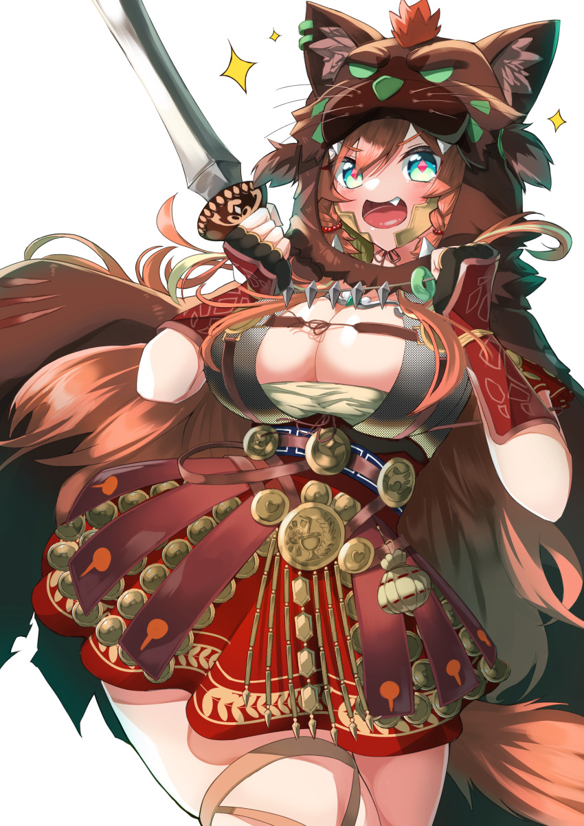 1girl, absurdres, animal_hood, aqua_eyes, armor, black_gloves, breasts, brown_cape