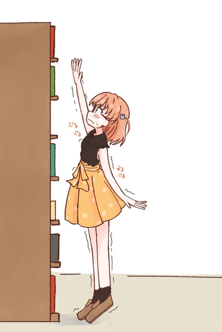 1girl, amado_(amaddo_club), aqua_eyes, black_shirt, black_socks, bookshelf, brown_shoes, closed_mouth, collared_shirt, commentary_request, crossed_bangs, frilled_shirt, frills, frown, glasses, hair_ornament, highres, hinoshita_kaho, hinoshita_kaho_(ishikawa_prefectural_library), link!_like!_love_live!, loafers, loose_socks, love_live!, medium_hair, official_alternate_costume, orange_hair, orange_skirt, rabbit_hair_ornament, reaching, shirt, shoes, skirt, sleeveless, sleeveless_shirt, socks, solo, tiptoes, trembling, two_side_up, white_background