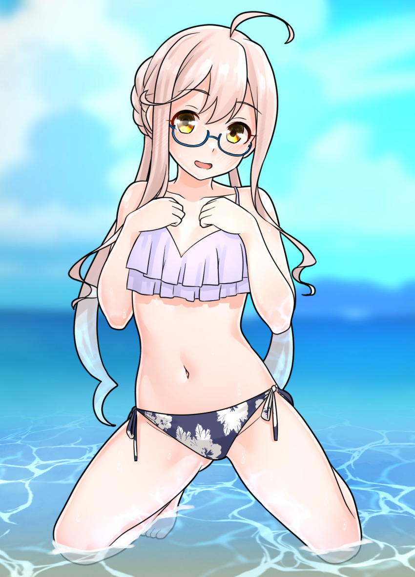 1girl, ahoge, aqua-framed_eyewear, bikini, braid, breasts, crown_braid, floral_print