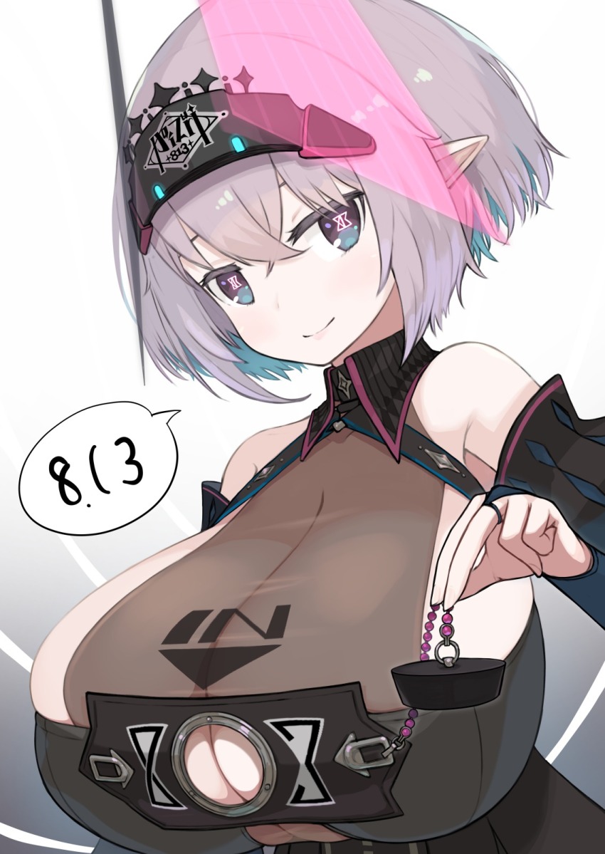 1girl, bare_shoulders, blush, breasts, brown_eyes, brown_hair, cleavage, detached_collar