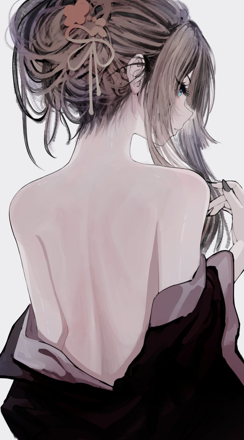 1girl, absurdres, bare_back, bare_shoulders, black_eyeliner, blue_eyes, brown_hair, eyeliner, grey_nails, hair_ornament, hair_ribbon, highres, hololive, hololive_dev_is, juufuutei_raden, light_blush, looking_ahead, makeup, multicolored_hair, nail_polish, nape, open_clothes, ribbon, seeledayo, simple_background, solo, streaked_hair, virtual_youtuber, white_background