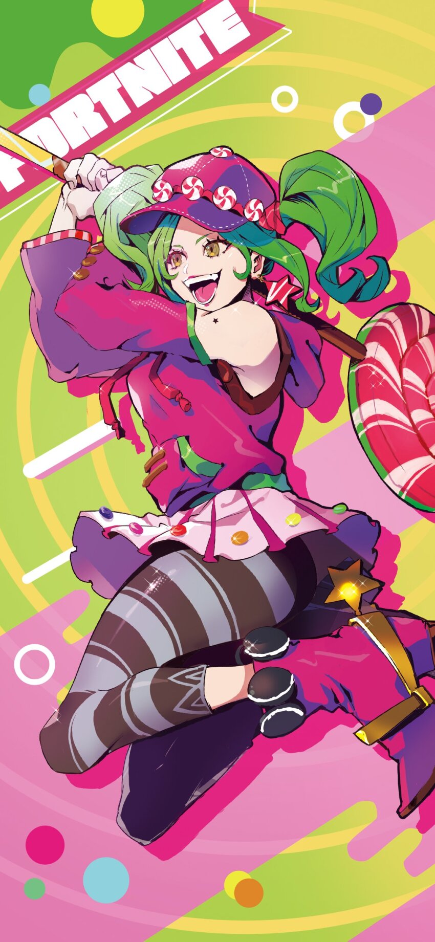 1girl, absurdres, bare_shoulders, candy, earrings, food, fortnite, green_eyes