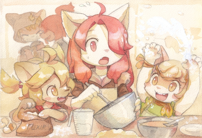 ahoge, chibicheu, chick_montblanc, cooking, eggshell, flour, furry, furry_female, hack_montblanc, hair_over_one_eye, hanna_fondant, highres, kitchen, little_tail_bronx, measuring_cup, mei_marzipan, multiple_girls, naughty_face, painting_(medium), ponytail, senjou_no_fuuga, smile, traditional_media, wappa_charlotte, watercolor_(medium), whisk