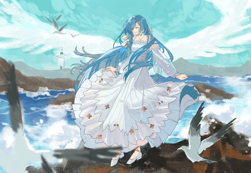 1girl, 37_(reverse:1999), absurdres, bird, blue_eyes, blue_sky, bow, cloud, cloudy_sky, danzhi_lingjia, day, dress, floating_hair, full_body, hair_bow, highres, jewelry, long_dress, long_hair, long_sleeves, looking_down, mountainous_horizon, necklace, ocean, outdoors, puffy_long_sleeves, puffy_sleeves, reverse:1999, rock, seagull, sky, smile, solo, standing, very_long_hair, waves, white_bow, white_dress, white_footwear