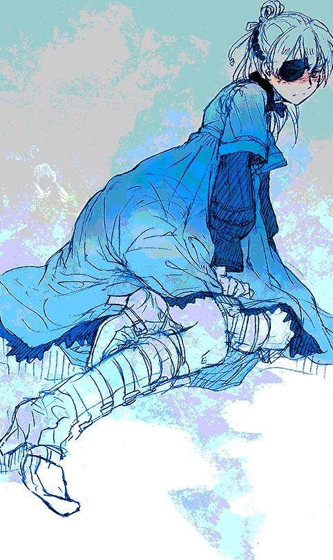 aq_interactive, blush, crossdressing, crossdressing_(mtf), dress, eyepatch, male_focus, mistwalker