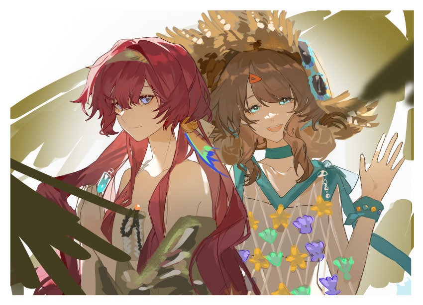 2girls, :d, absurdres, bare_shoulders, blue_choker, blue_eyes, border, bottle, brown_hair, brown_hat, capelet, choker, danzhi_lingjia, dress, eyewear_on_headwear, fishnet_dress, green_capelet, hand_up, hat, highres, holding, holding_bottle, long_hair, looking_at_viewer, low_twintails, marcus_(on_the_white_sand)_(reverse:1999), marcus_(reverse:1999), multiple_girls, official_alternate_costume, open_mouth, own_hands_together, plant, purple_eyes, red_hair, reverse:1999, shell, sleeveless, sleeveless_dress, smile, starfish, strapless, straw_hat, sunglasses, tube_top, twintails, very_low_bun, waving, white_border, white_dress, white_tube_top, wristband, yenisei_(around_the_riverbend)_(reverse:1999), yenisei_(reverse:1999)