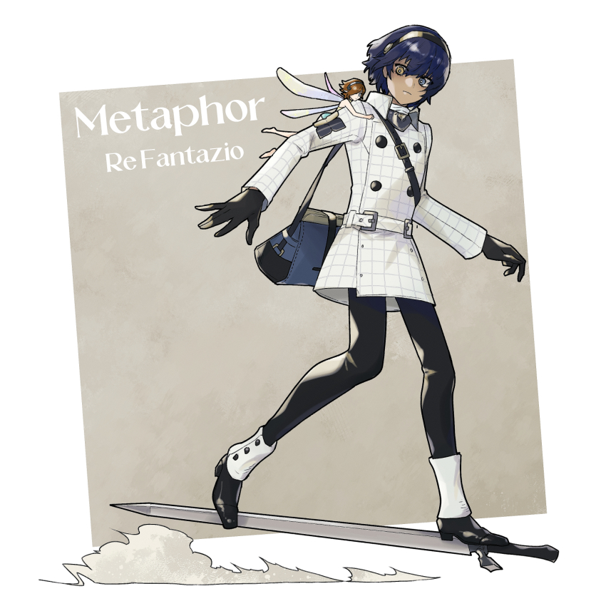 1boy, 1girl, bag, barefoot, belt_buckle, black_footwear, black_gloves, black_pants