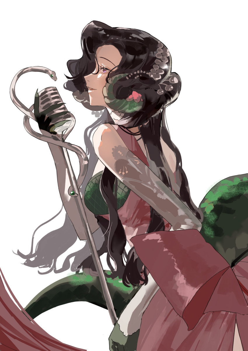 1girl, absurdres, anjo_nala, bare_shoulders, black_hair, breasts, curled_horns, curly_hair