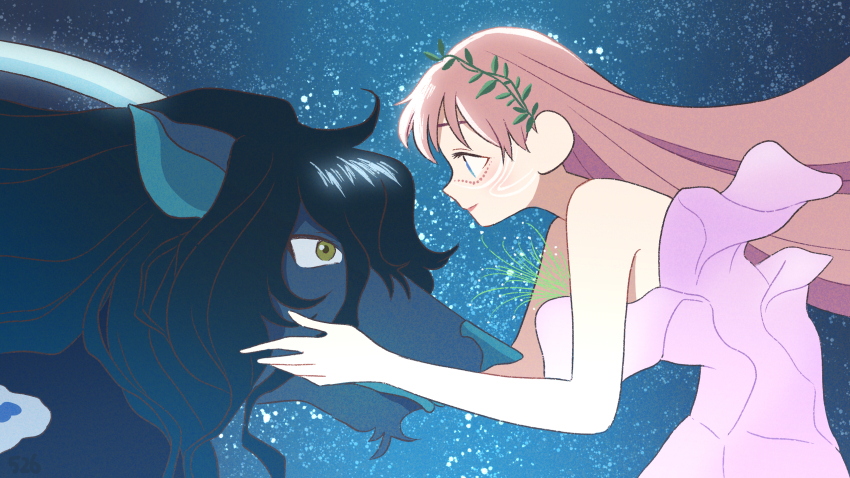 1boy, 1girl, belle_(ryuu_to_sobakasu_no_hime), black_hair, blue_eyes, dragon_boy, dragon_horns, dress, face-to-face, facial_mark, flower_dress, green_eyes, highres, horns, kojiro337, light_particles, long_hair, monster, pink_dress, pink_hair, red_lips, ryuu_(ryuu_to_sobakasu_no_hime), ryuu_to_sobakasu_no_hime