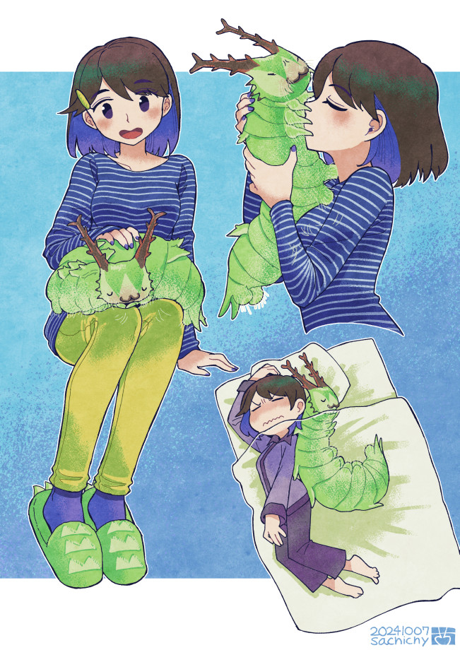 1girl, :3, aizawa_sachi, animal, animal_on_lap, annoyed, artist_name, black_hair