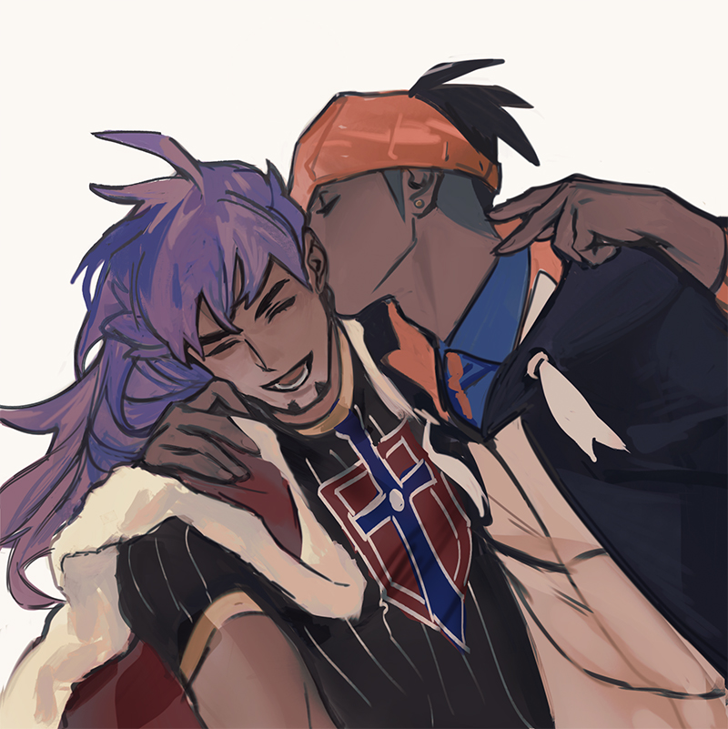 2boys, arm_around_shoulder, arm_up, black_hair, cape, commentary_request, couple, dark-skinned_male