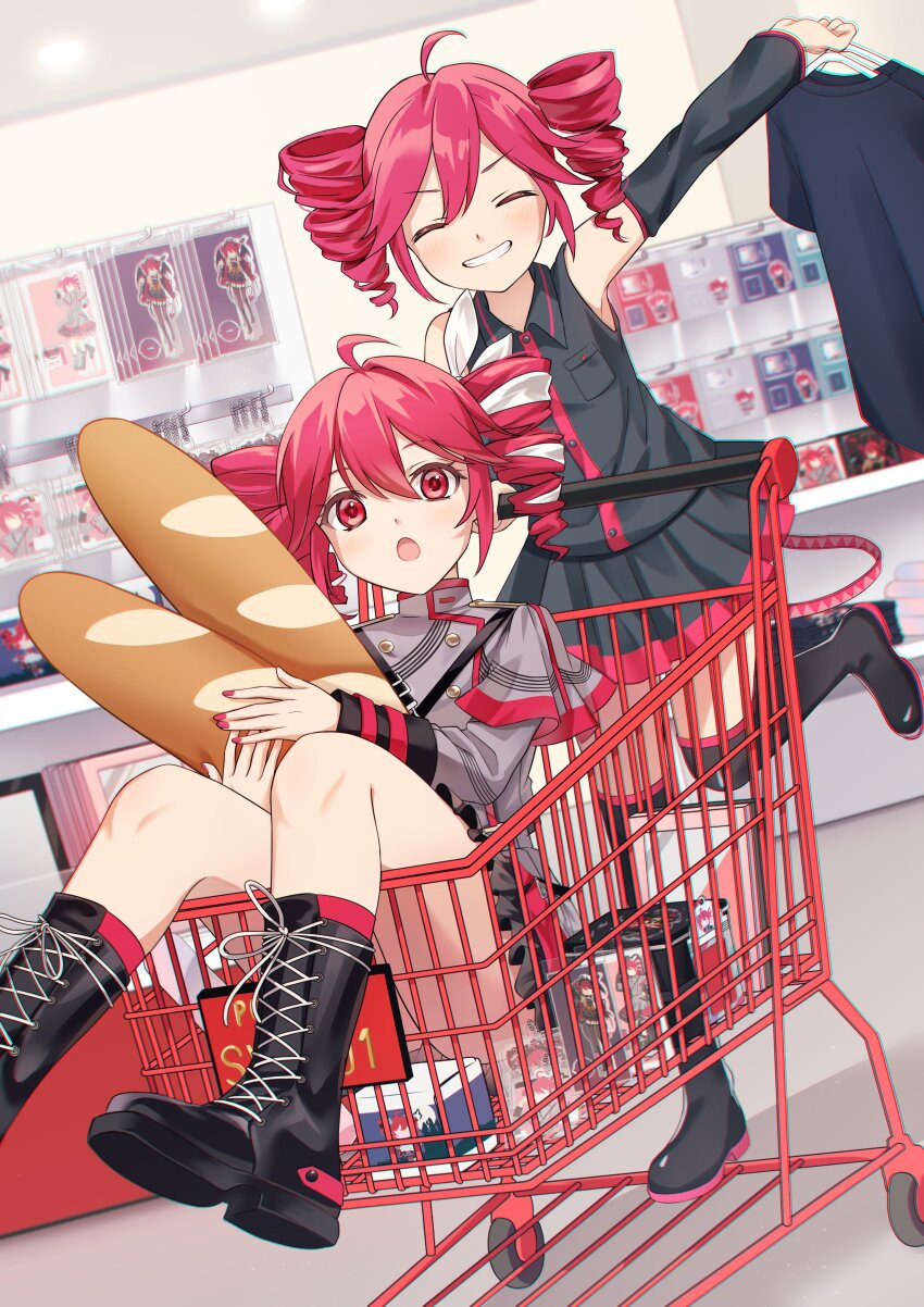 2girls, :o, absurdres, ahoge, baguette, belt, black_belt, black_footwear