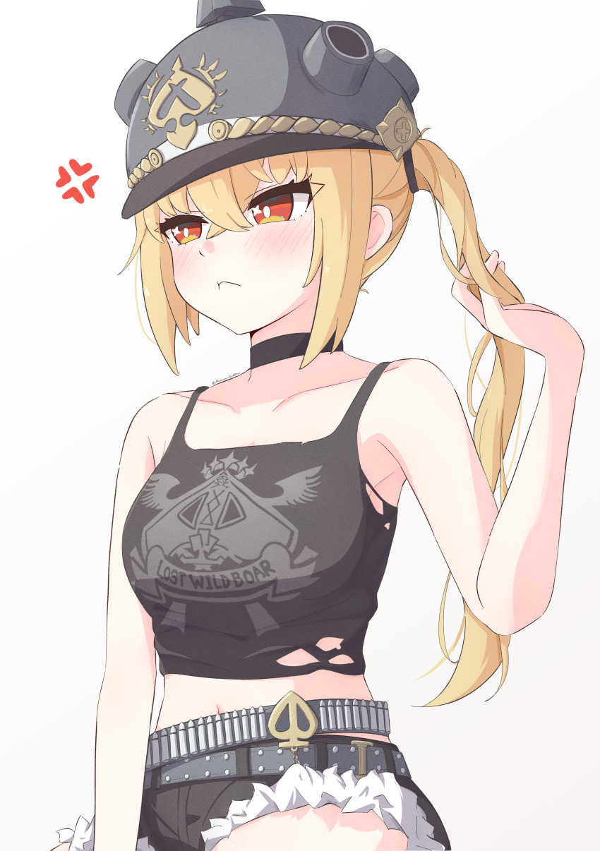 1girl, absurdres, anger_vein, black_helmet, black_shorts, blonde_hair, blush, closed_mouth, collarbone, cowboy_shot, crop_top, helmet, highres, looking_ahead, luciana_de_montefio, makuraapillow, midriff, red_eyes, short_shorts, shorts, side_ponytail, sleeveless, solo, zenless_zone_zero
