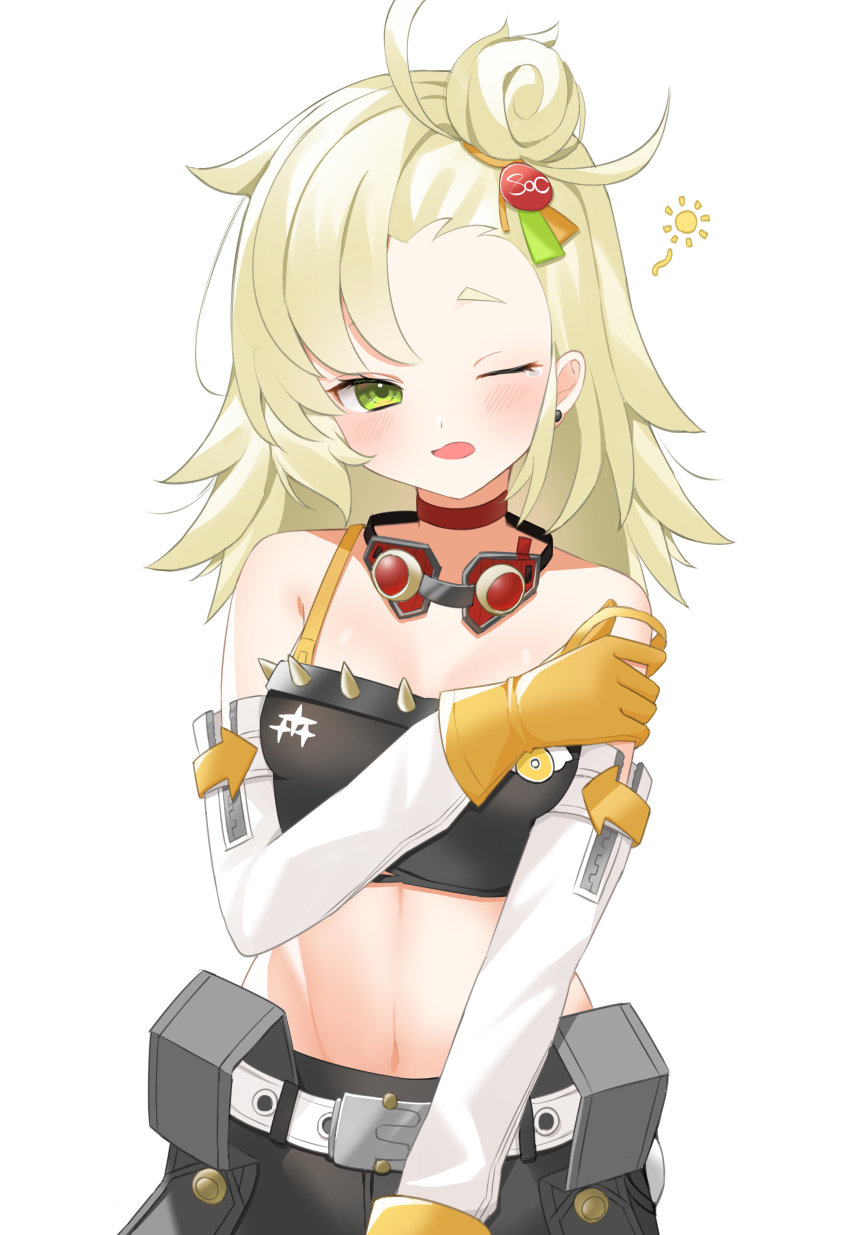1girl, absurdres, blonde_hair, blush, cowboy_shot, crop_top, earrings, gloves
