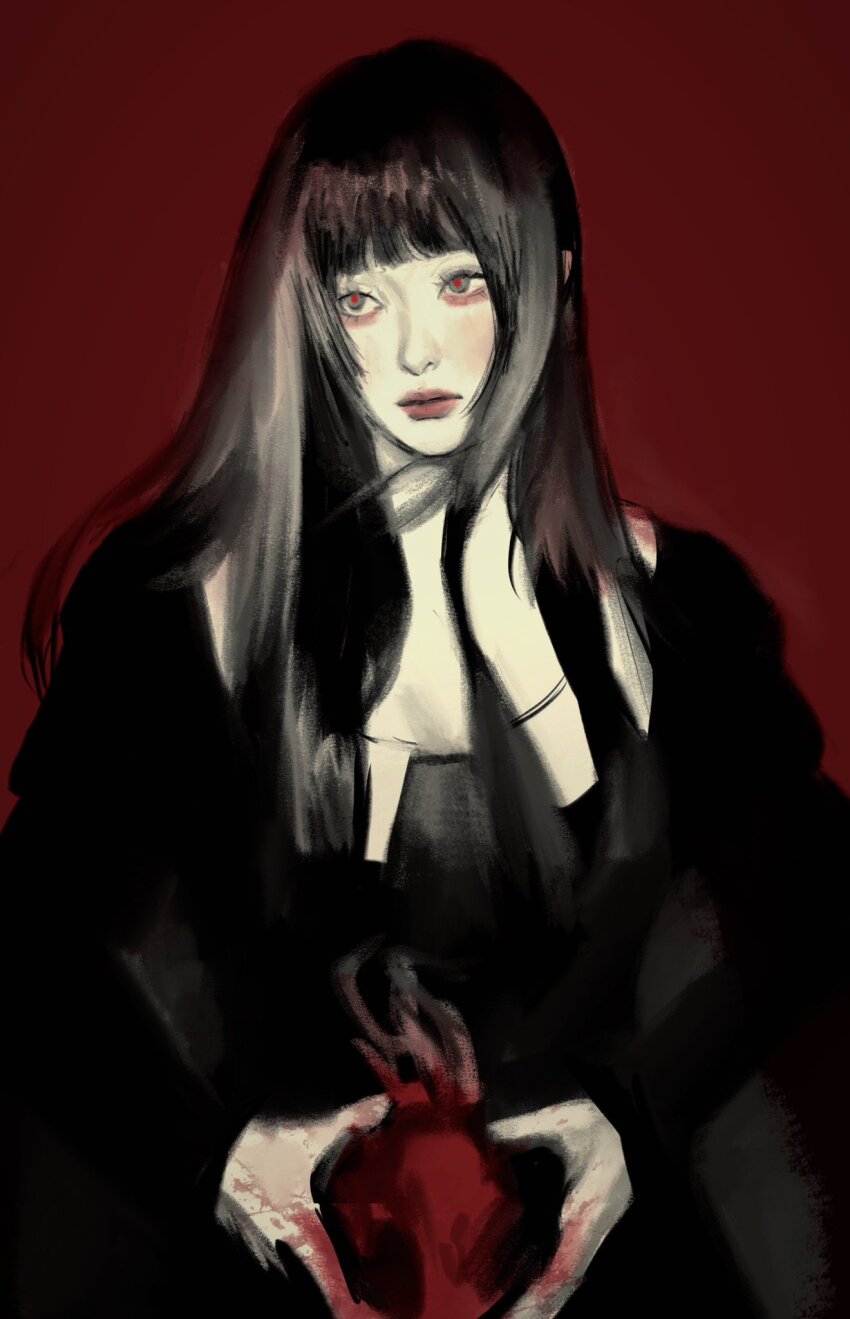 1girl, black_dress, black_hair, blood, blood_on_hands, blunt_bangs, closed_mouth, commentary