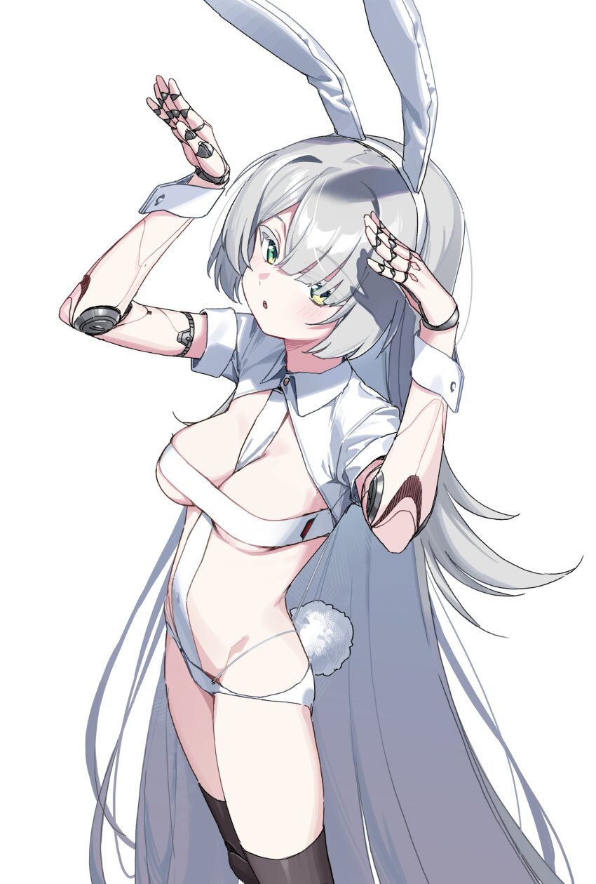1girl, absurdres, animal_ears, breasts, cleavage, controlline3, counter:side, fake_animal_ears, green_eyes, grey_hair, hair_spread_out, hairband, highres, joints, long_hair, looking_at_viewer, mavka_(counter:side), mechanical_arms, medium_breasts, parted_lips, rabbit_ears, rabbit_pose, rabbit_tail, revealing_clothes, robot_joints, simple_background, solo, tail, thighhighs, very_long_hair, white_background, wrist_cuffs