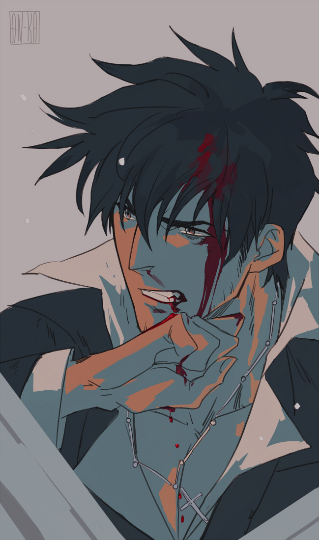 1boy, arm_up, black_hair, blood, blood_in_hair, blood_on_face, blood_on_hands, brown_eyes