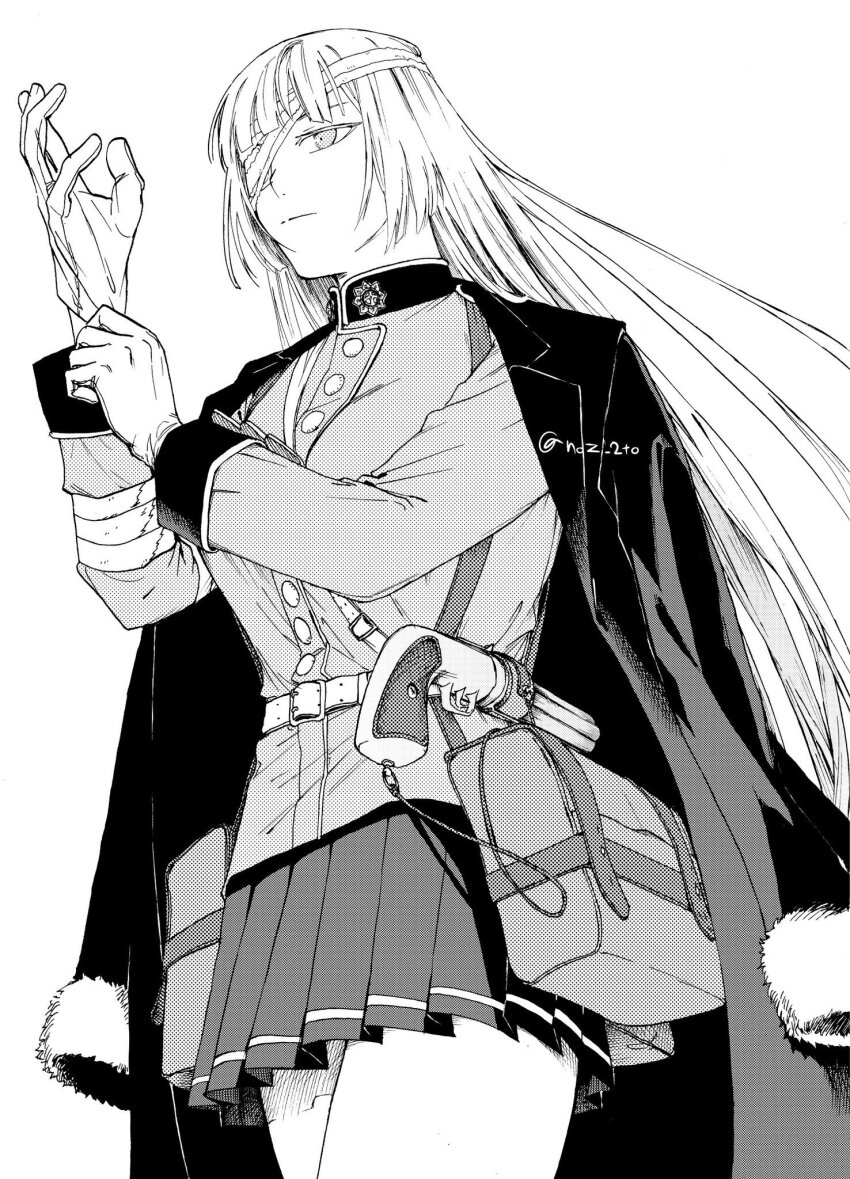 1girl, adjusting_clothes, adjusting_gloves, bandage_over_one_eye, coat, coat_on_shoulders, fate/grand_order, fate_(series), florence_nightingale_(fate), florence_nightingale_(third_ascension)_(fate), gloves, greyscale, gun, highres, long_hair, monochrome, noz_2to, pepperbox_revolver, pleated_skirt, skirt, twitter_username, weapon, white_background