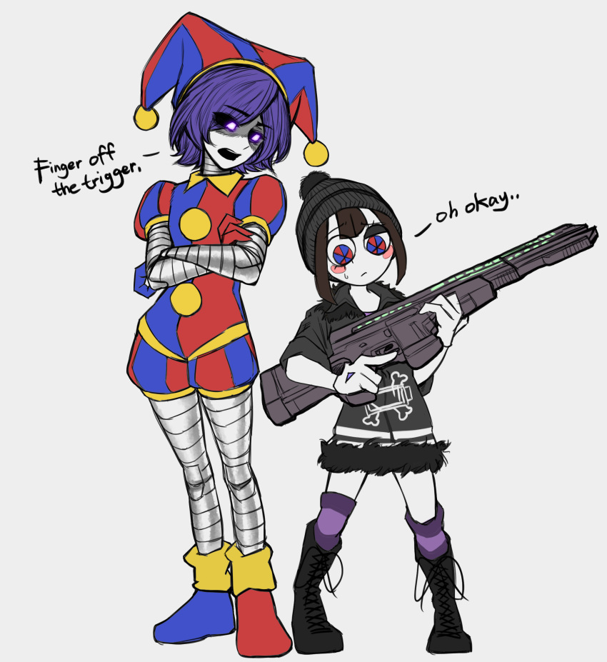 2girls, absurdres, asymmetrical_footwear, asymmetrical_gloves, beanie, black_footwear, black_hat, black_jacket, black_sclera, blue_footwear, blue_gloves, blush_stickers, boots, bright_pupils, brown_hair, closed_mouth, colored_sclera, colored_skin, commentary, company_connection, cosplay, costume_switch, crossed_arms, crossover, english_commentary, english_text, eyes_visible_through_hair, fewer_digits, full_body, fur-trimmed_jacket, fur_trim, gloves, grey_skin, gun, hat, hat_bell, highres, holding, holding_gun, holding_weapon, humanoid_robot, jacket, jester_cap, jester_costume, kneehighs, lace-up_boots, light_frown, looking_at_another, looking_at_object, m4skedboi, mismatched_footwear, mismatched_gloves, multicolored_eyes, multicolored_hat, multiple_girls, murder_drones, open_mouth, pom_pom_(clothes), pom_pom_beanie, pomni_(the_amazing_digital_circus), pomni_(the_amazing_digital_circus)_(cosplay), purple_eyes, purple_hair, purple_socks, purple_thighhighs, railgun, red_footwear, red_gloves, robot, short-sleeved_jacket, short_sleeves, single_kneehigh, single_sock, single_thighhigh, socks, standing, sweatdrop, the_amazing_digital_circus, thighhighs, trigger_discipline, two-tone_eyes, two-tone_hat, uzi_(murder_drones), uzi_(murder_drones)_(cosplay), weapon, white_background, white_skin