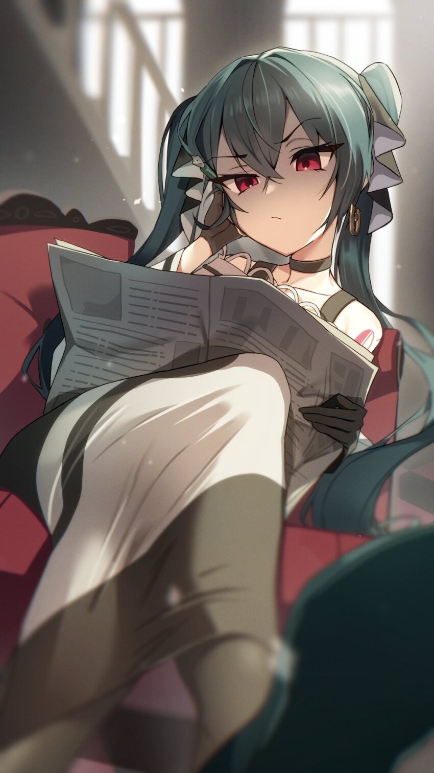 1girl, black_bow, black_gloves, bow, dark_miku_(project_voltage), gloves, hatsune_miku, highres