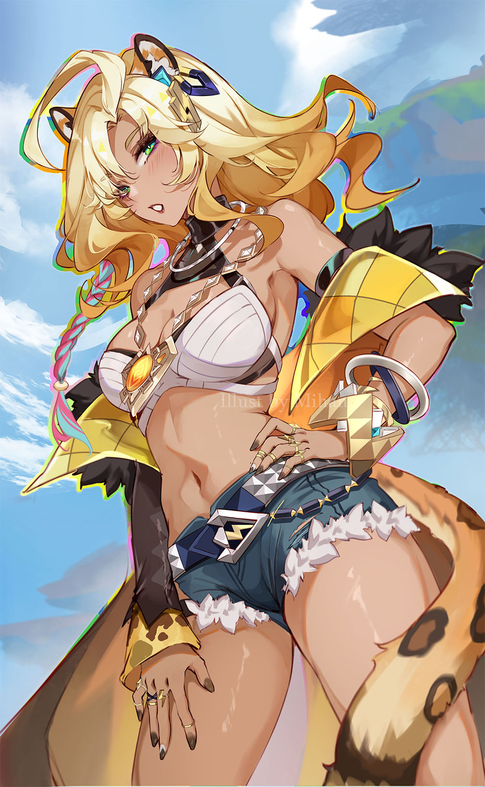 1girl, ahoge, bare_shoulders, blonde_hair, blue_sky, bracelet, breasts, cleavage