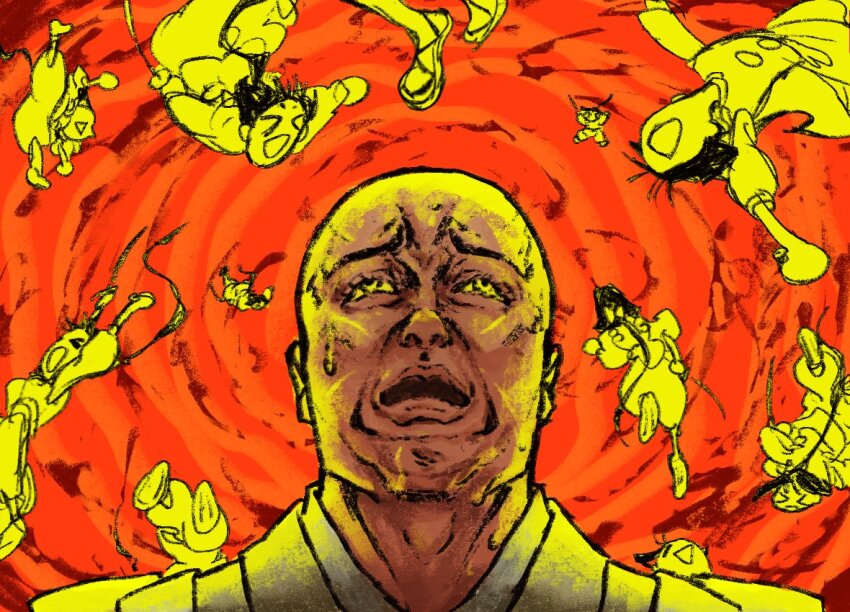 >_<, 6+boys, abstract_background, bald, clone, commentary_request, expression_request, floating_hair, frown, furrowed_brow, hirano_shogen, houjou_tokiyuki_(nige_jouzu_no_wakagimi), jumping, long_hair, looking_up, low_ponytail, male_focus, multiple_boys, multiple_views, nige_jouzu_no_wakagimi, open_mouth, ponytail, portrait, red_background, scar, scar_on_face, smile, spiral_background, surrounded, sweat, triangle_mouth, yellow_eyes, yuurei_dayo